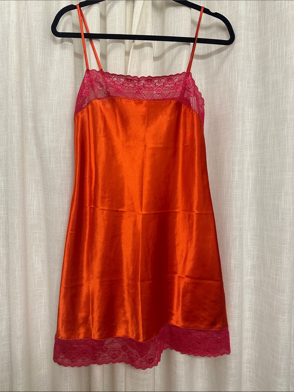 VINTAGE Women’s Satin Slip Dress with Pink Lace Trim - Orange/Pink